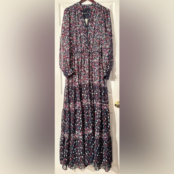 MANGO MNG Size 8 Black Long Sleeve Tulip Floral Split V Neck Button Front MAXI - Picture 1 of 13